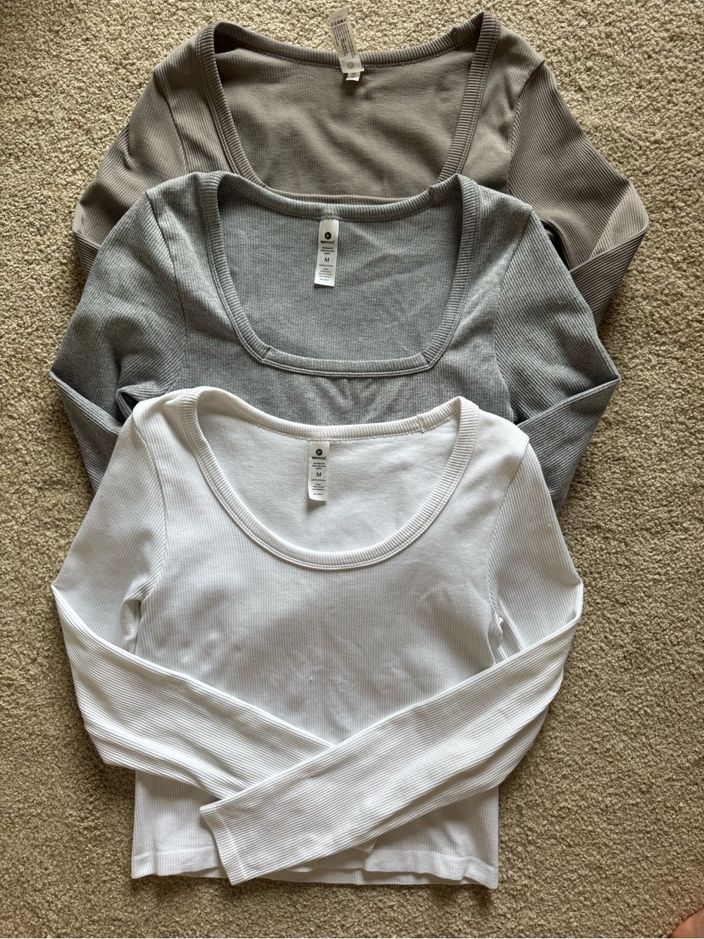 Ribbed Long-Sleeve Scoop Neck Top - White, Gray, Taupe (3 Pack)